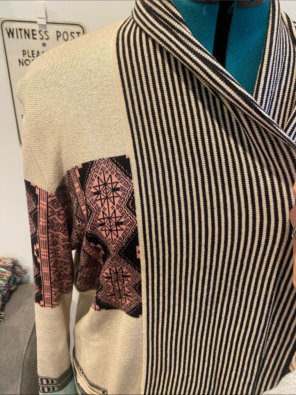 Anthropologie Neutral, Teal & Dusty Rose Patterned Open-Front Cardigan - Picture 2 of 4
